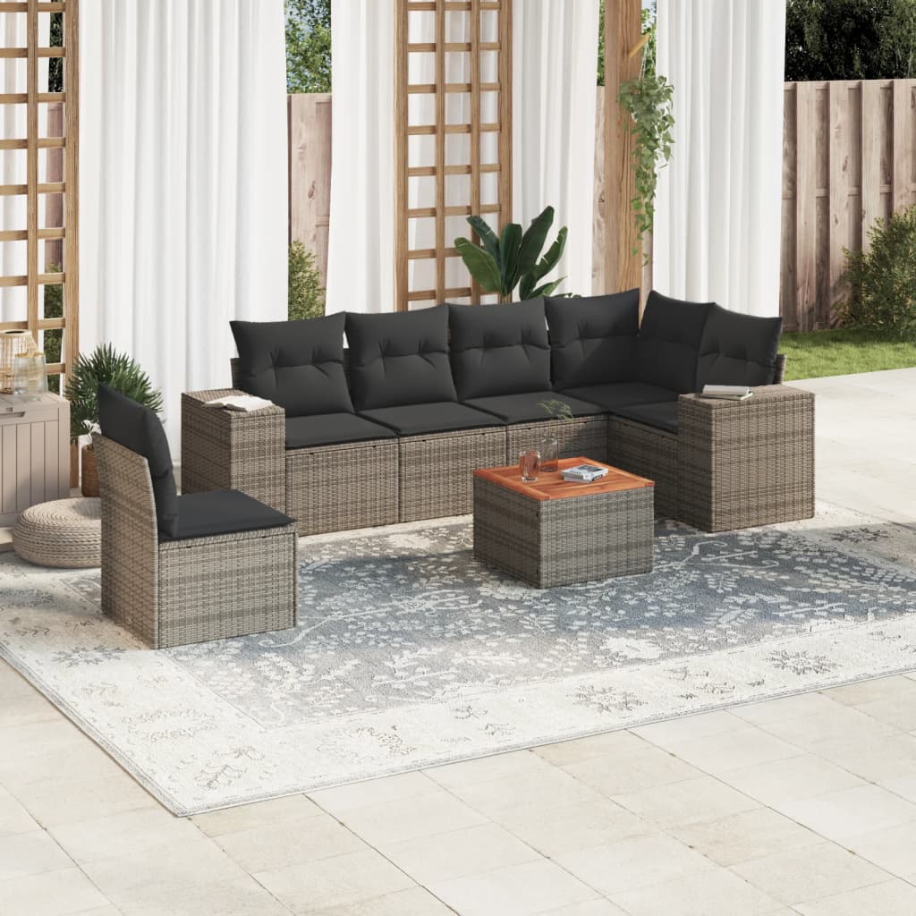 7 Pcs conjunto sofás p/ jardim c/ almofadões vime PE cinzento