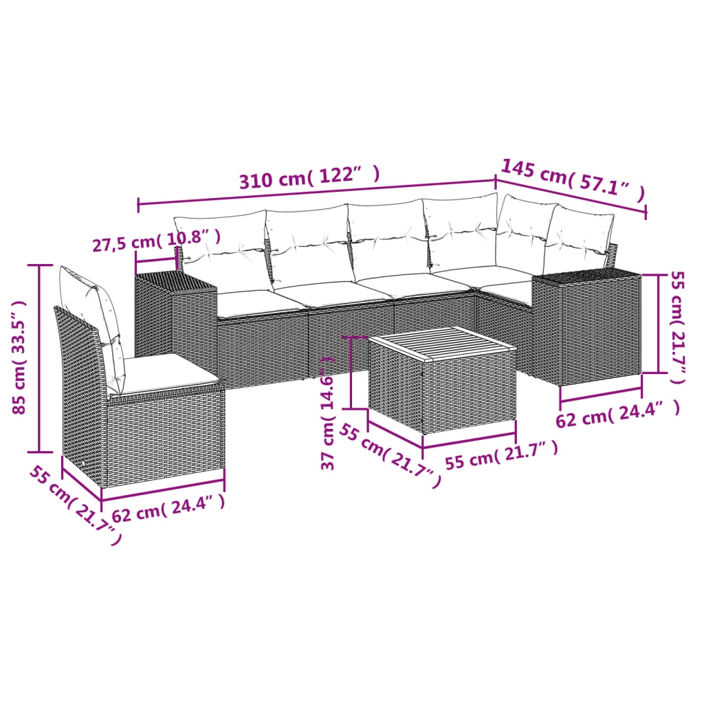 7 Pcs conjunto sofás p/ jardim c/ almofadões vime PE cinzento