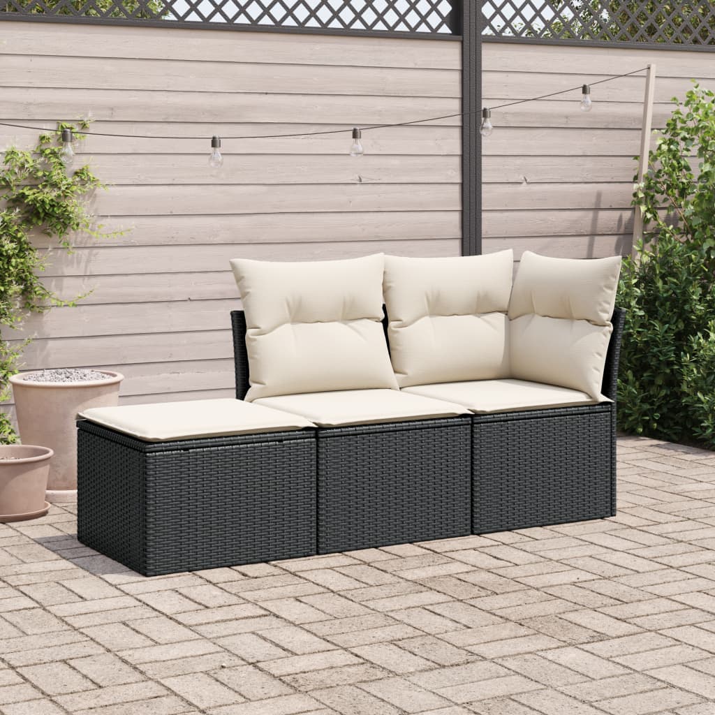 3 Pcs conjunto sofás de jardim com almofadões vime PE preto
