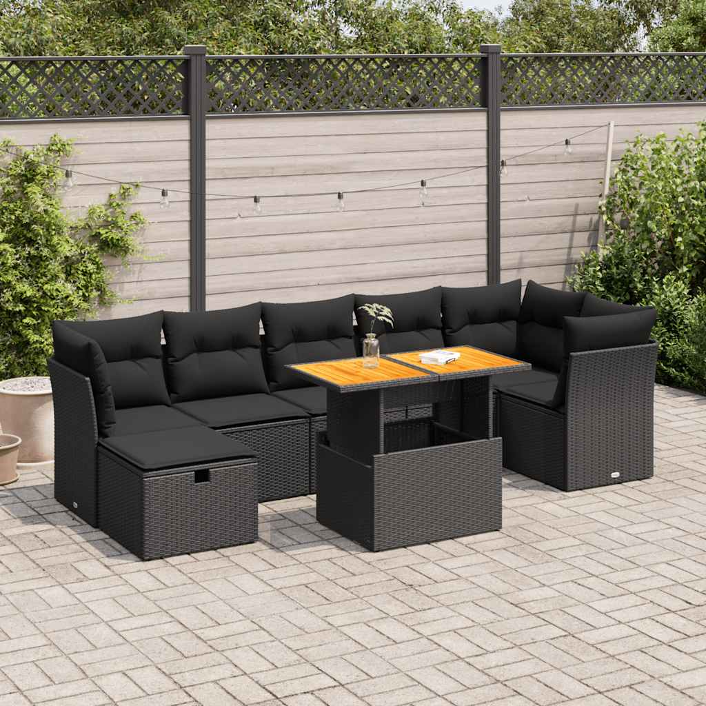 8 Pcs conjunto sofás jardim com almofadões vime PE/acácia preto