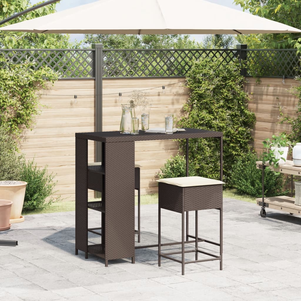3 Pcs conjunto de bar p/ jardim com almofadões vime PE castanho