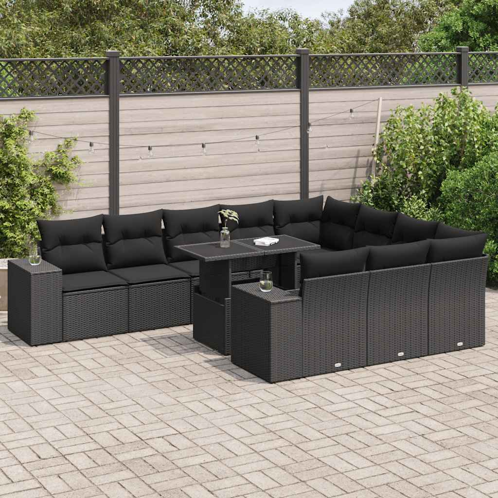 11 Pcs conjunto sofás de jardim c/ almofadões vime PE preto