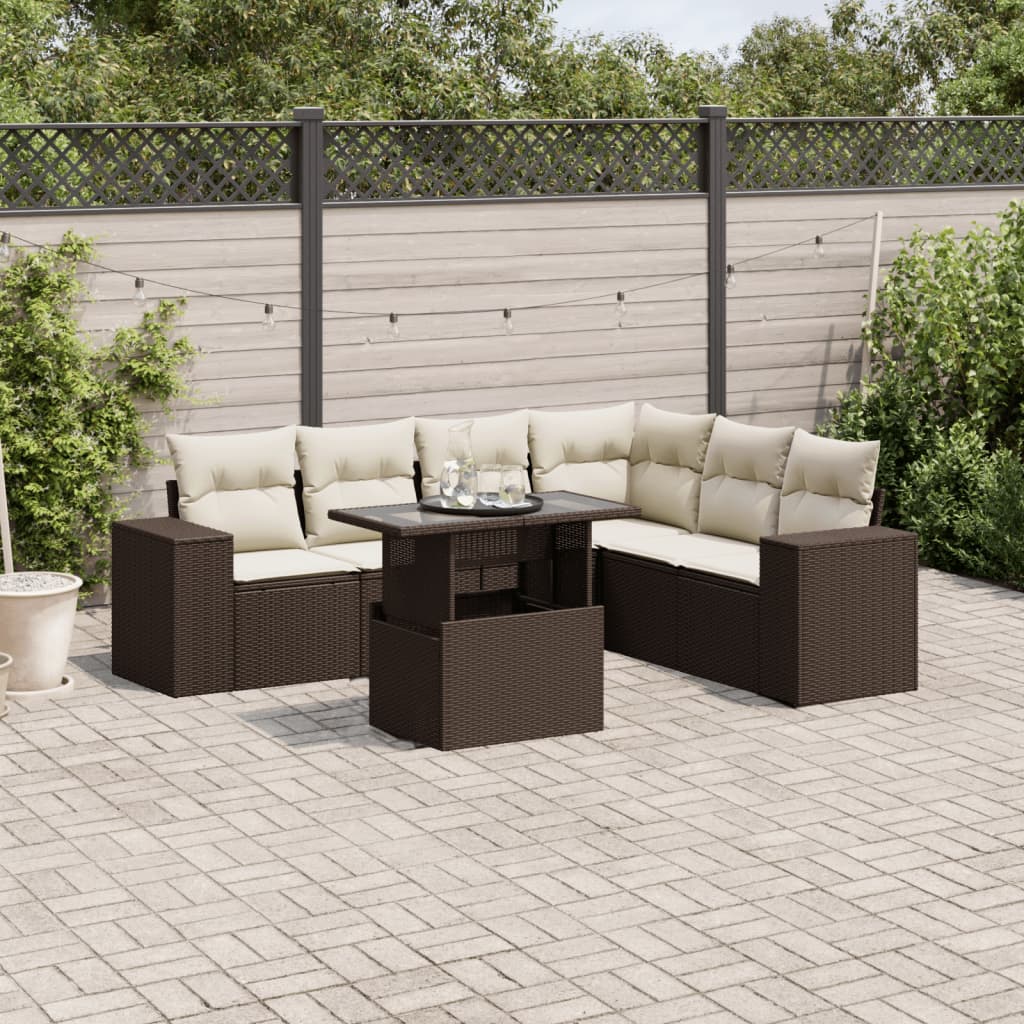 7 Pcs conjunto de sofás jardim c/ almofadões vime PE castanho