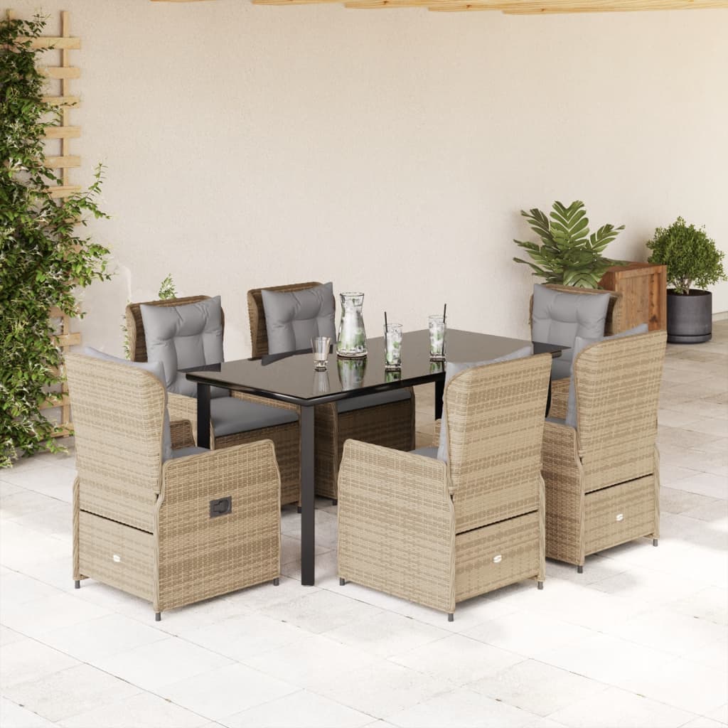 7 Pcs conjunto de jantar p/ jardim com almofadões vime PE bege