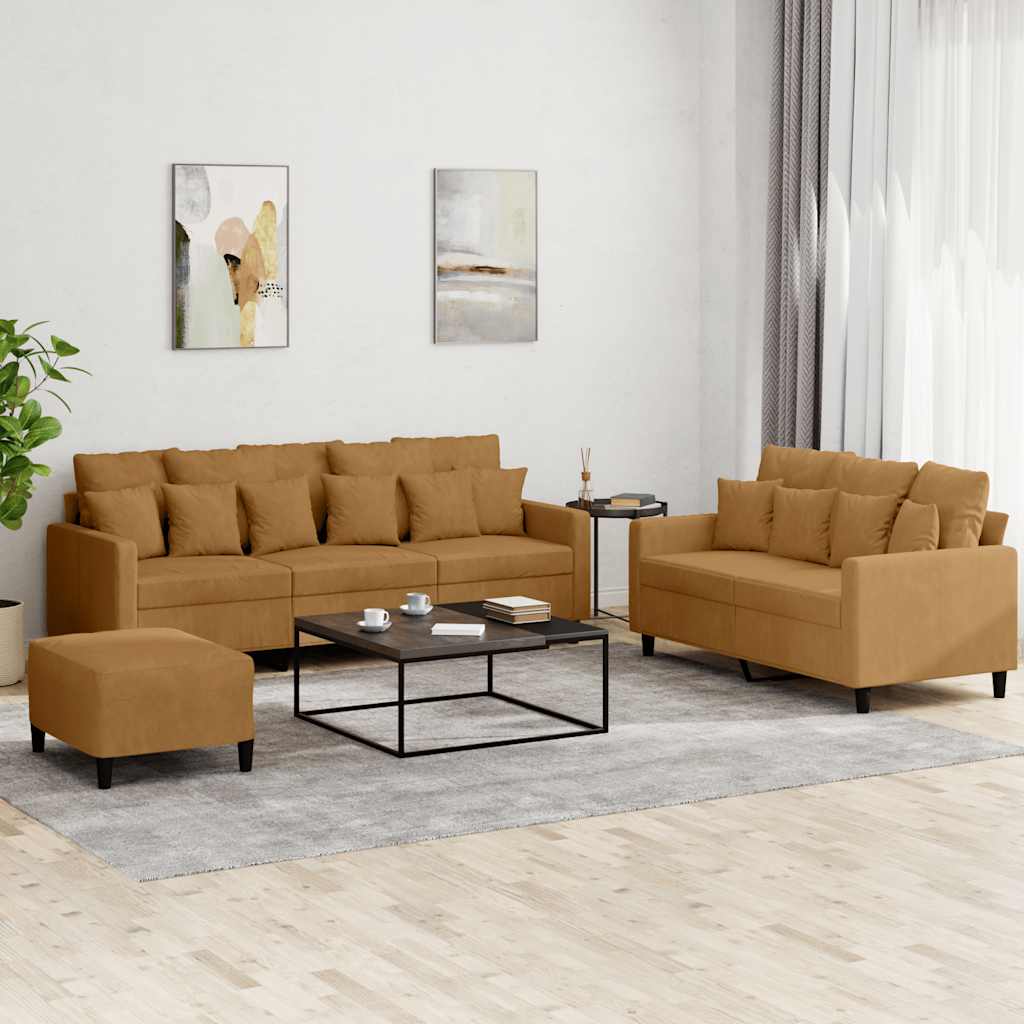 3 Pcs conjunto de sofás com almofadões veludo castanho