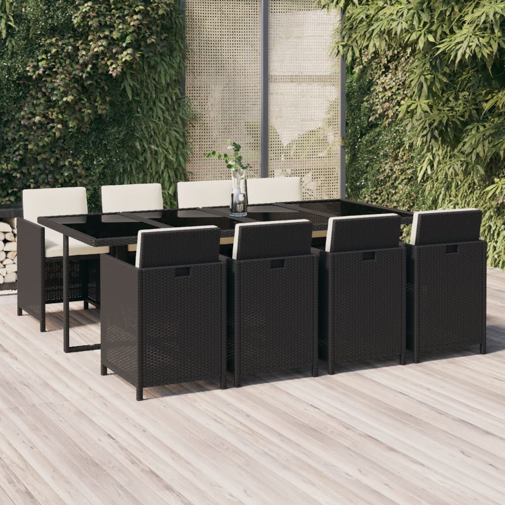 9 Pcs conjunto de jantar p/ jardim c/ almofadões vime PE preto