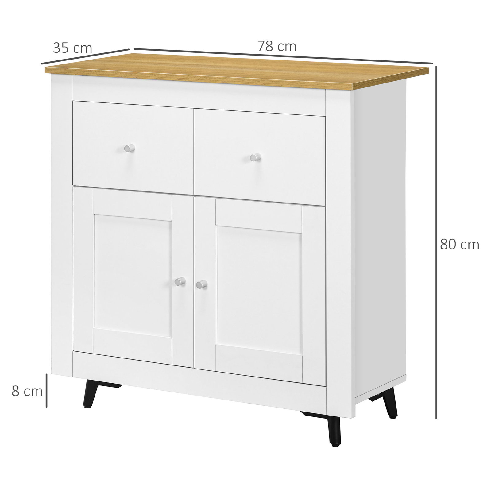 Aparador de cozinha móvel auxiliar de sala de estar moderno com portas dupla e 2 gavetas 78x35x80 cm branco e madeira