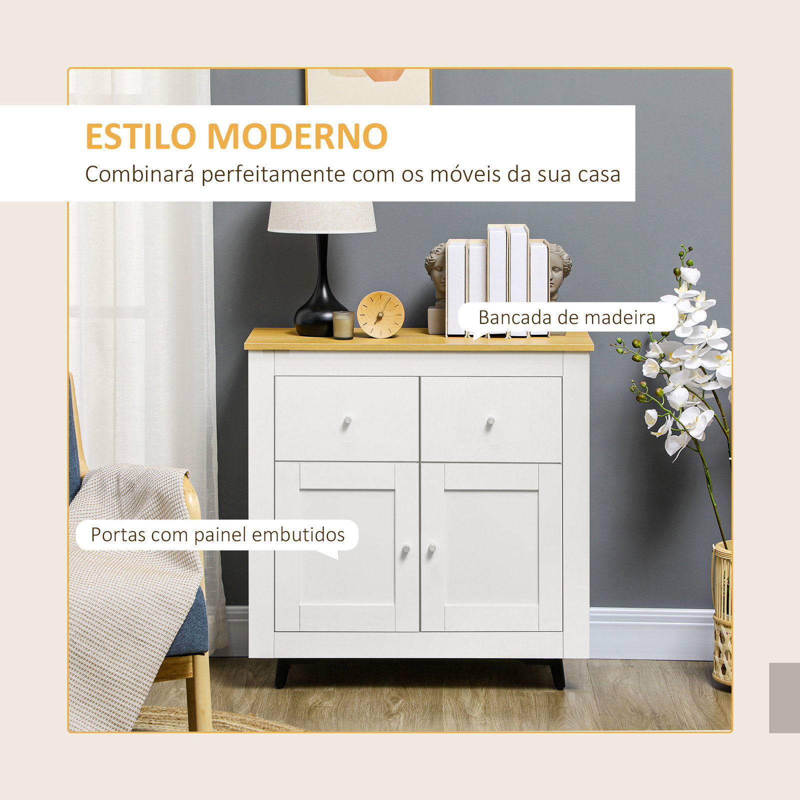 Aparador de cozinha móvel auxiliar de sala de estar moderno com portas dupla e 2 gavetas 78x35x80 cm branco e madeira