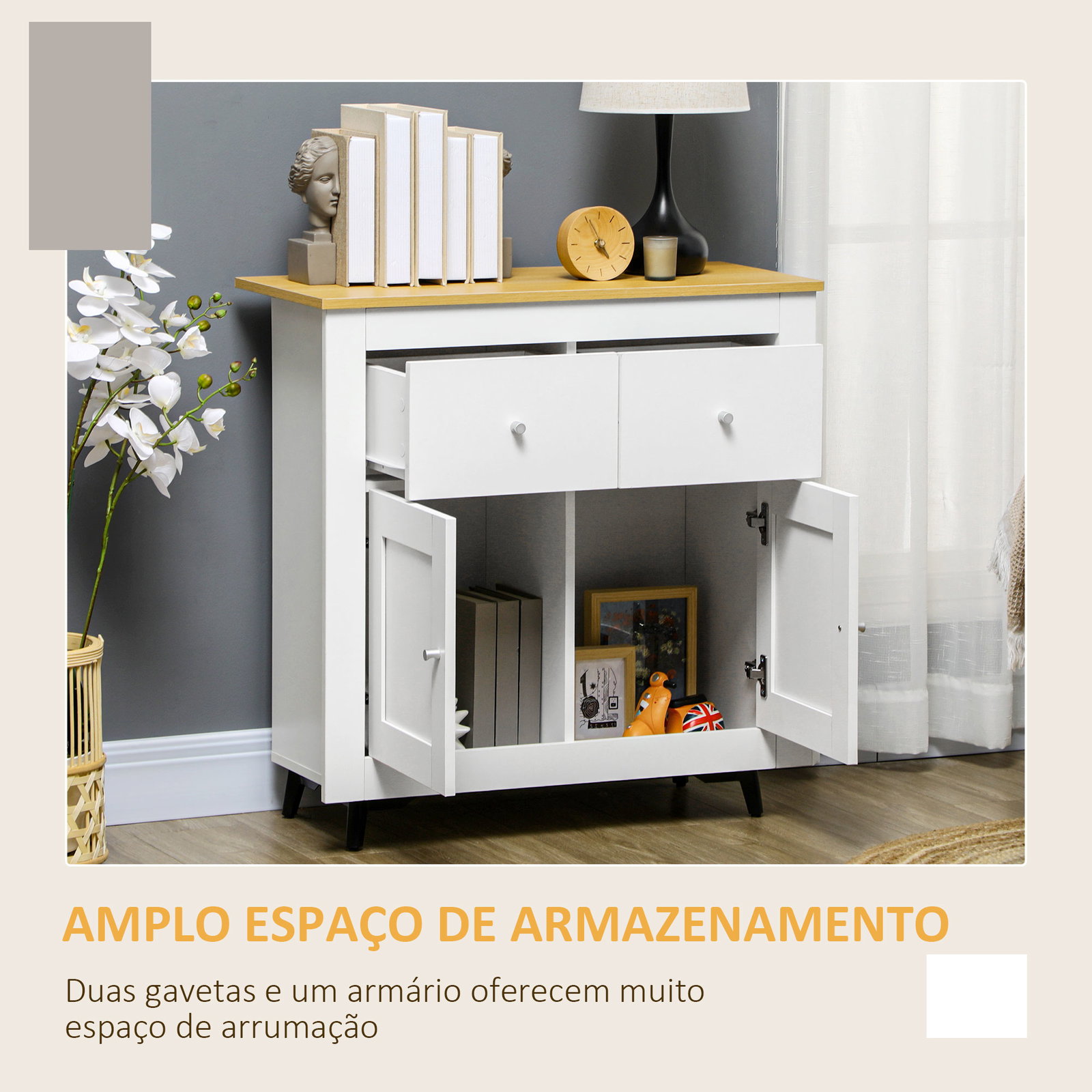 Aparador de cozinha móvel auxiliar de sala de estar moderno com portas dupla e 2 gavetas 78x35x80 cm branco e madeira