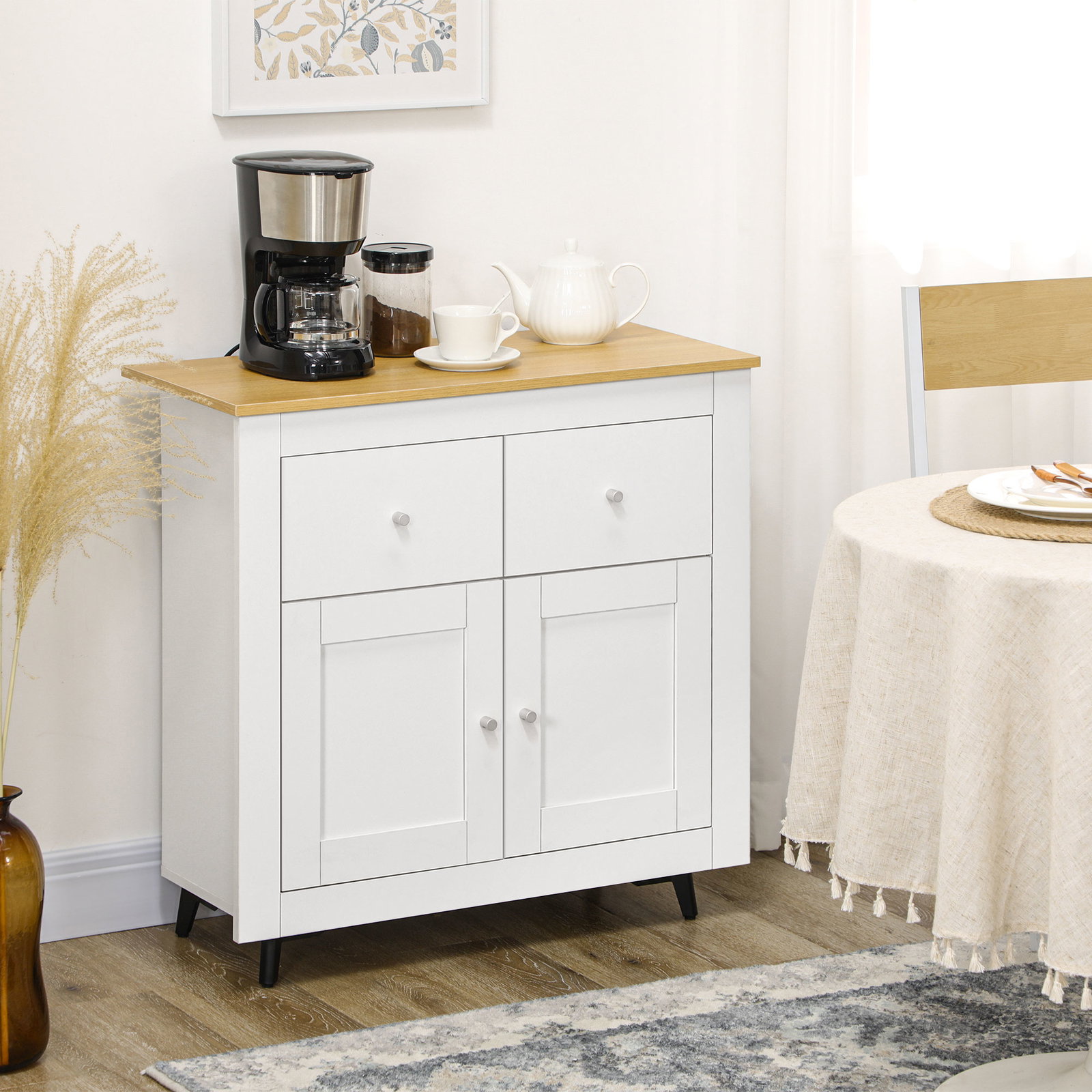 Aparador de cozinha móvel auxiliar de sala de estar moderno com portas dupla e 2 gavetas 78x35x80 cm branco e madeira