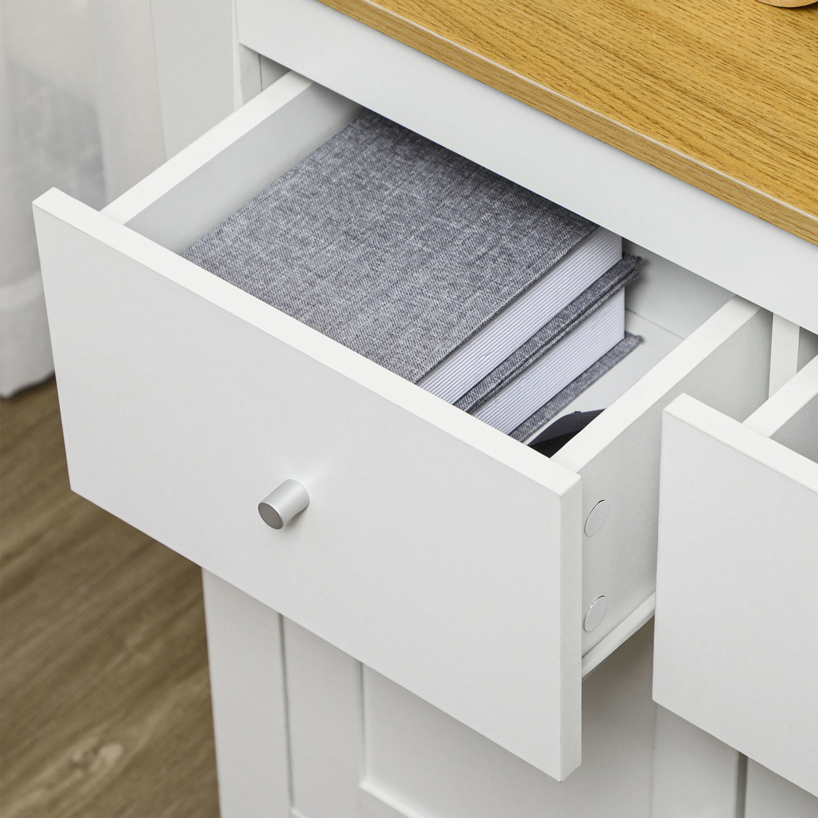 Aparador de cozinha móvel auxiliar de sala de estar moderno com portas dupla e 2 gavetas 78x35x80 cm branco e madeira