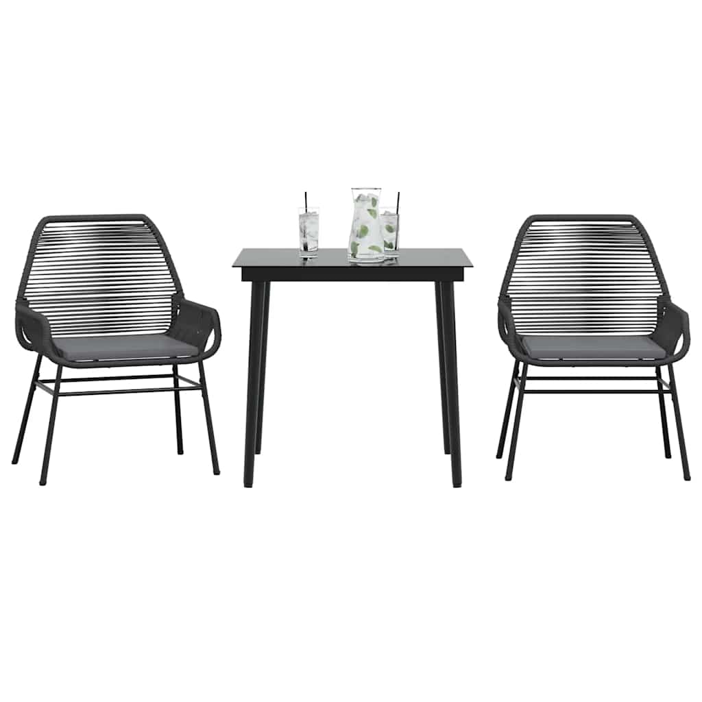 3 Pcs conjunto jantar jardim almofadões vime PE vidro preto