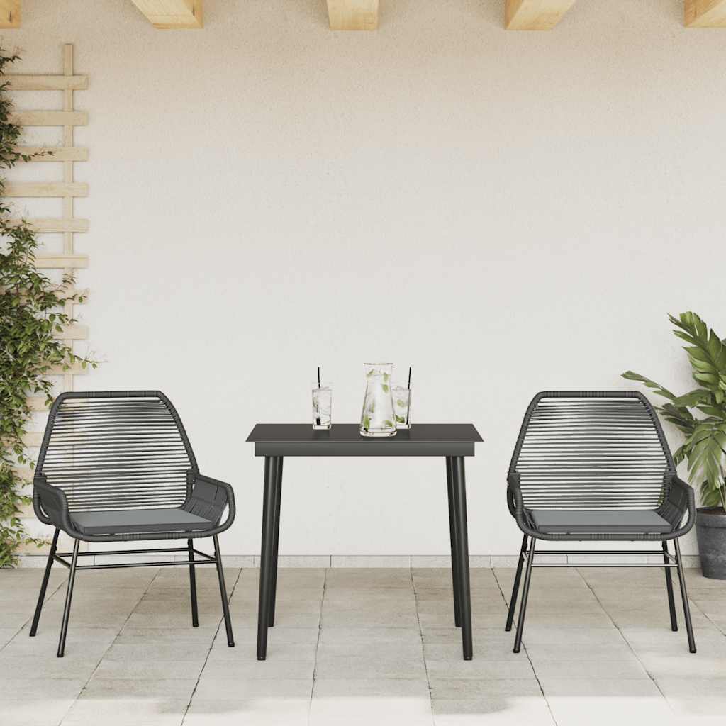 3 Pcs conjunto jantar jardim almofadões vime PE vidro preto