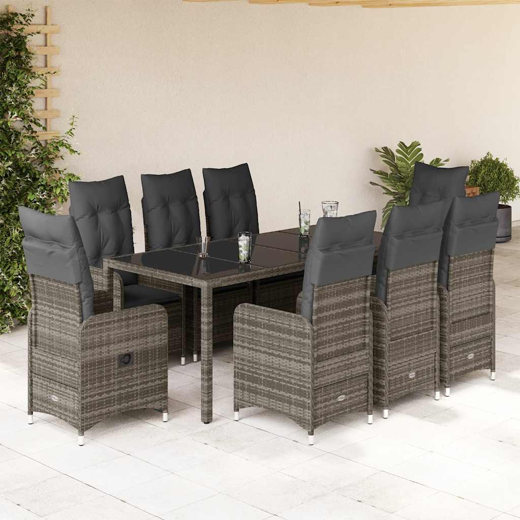 9 Pcs conjunto bistrô de jardim c/ almofadões vime PE cinzento