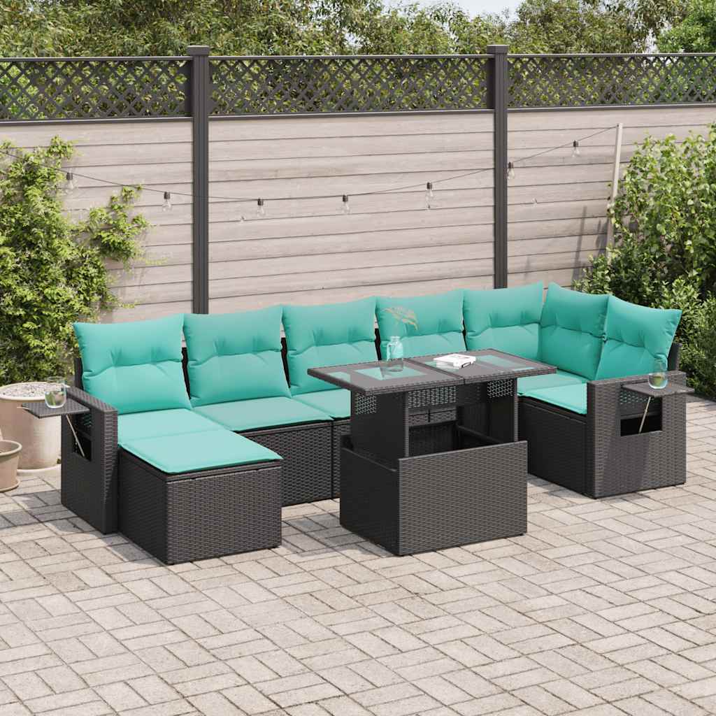 8 Pcs conjunto sofás jardim com almofadões vime PE/acácia preto