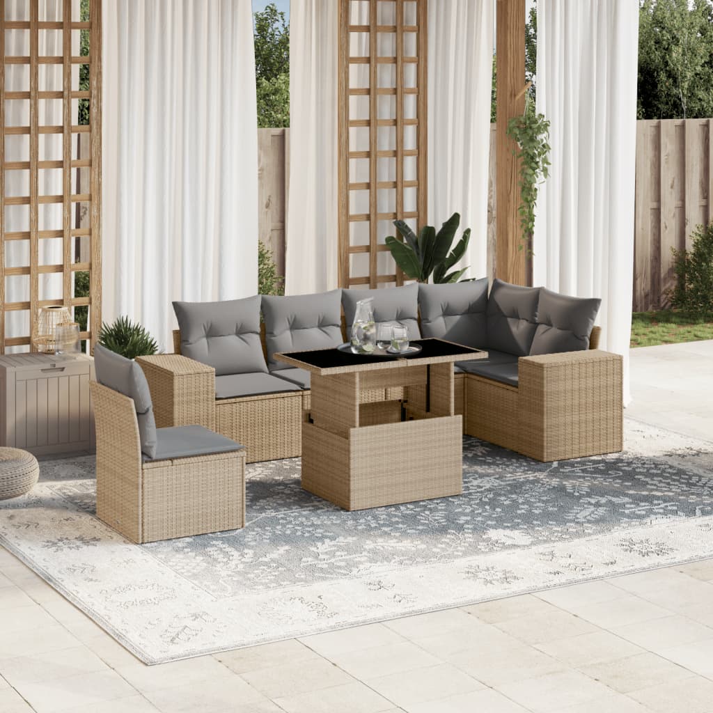 7 Pcs conjunto de sofás p/ jardim com almofadões vime PE bege