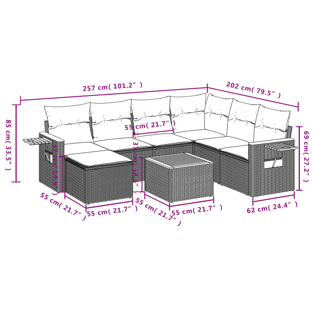8 Pcs conjunto sofás de jardim com almofadões vime PE preto