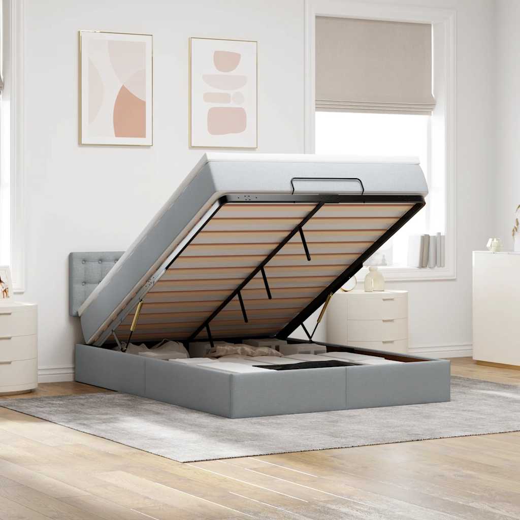 Estrutura cama otomana colchão 140x200cm tecido cinzento claro