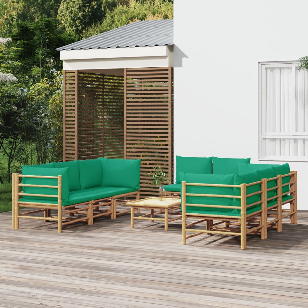 9 Pcs conjunto lounge de jardim bambu c/ almofadões verdes