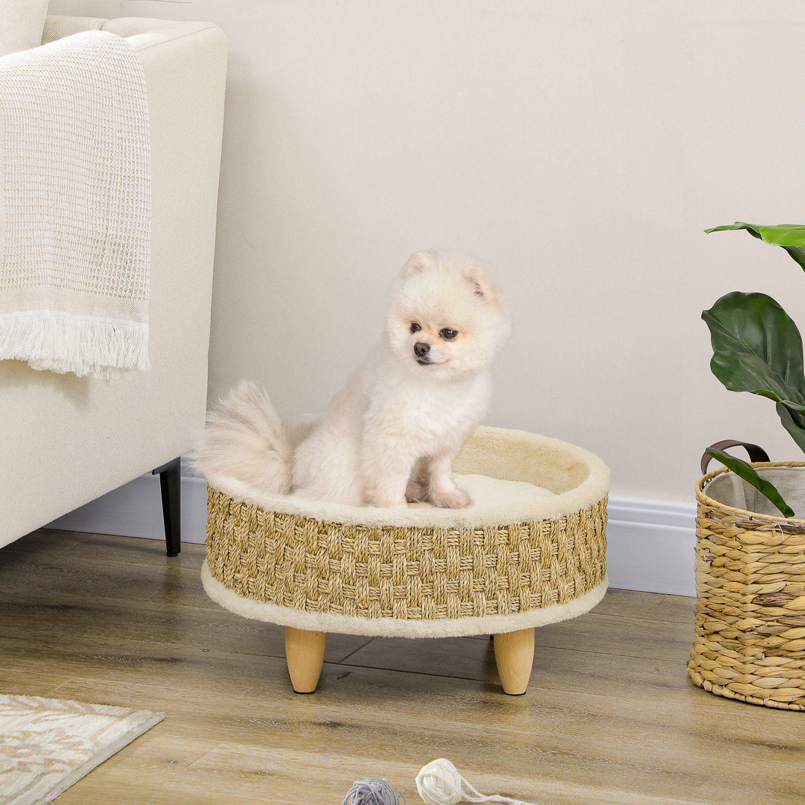 Cama elevada para gatos cama para cães miniatura com almofada lavável corda de seagrass estrutura de madeira ø48x24,5 cm bege