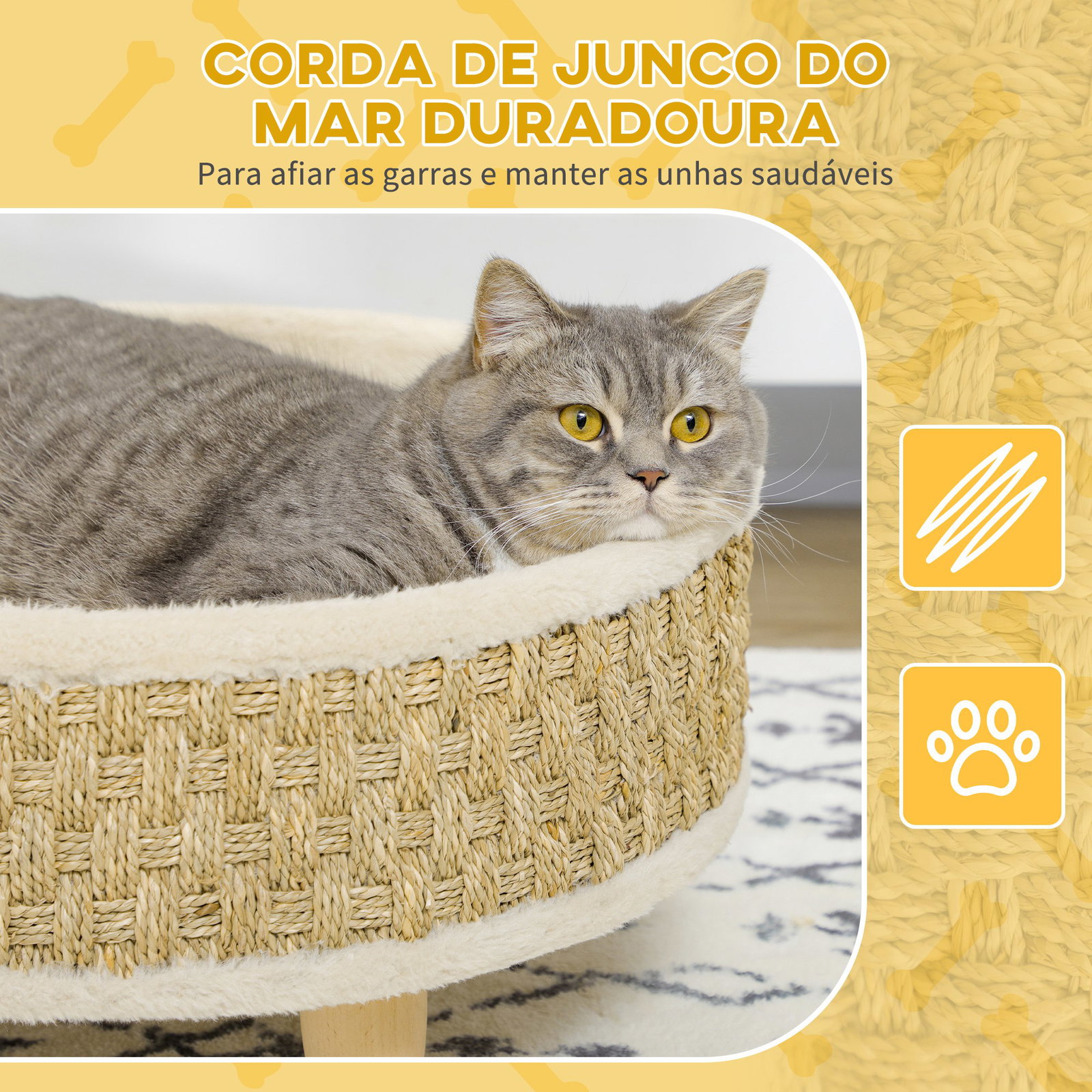 Cama elevada para gatos cama para cães miniatura com almofada lavável corda de seagrass estrutura de madeira ø48x24,5 cm bege