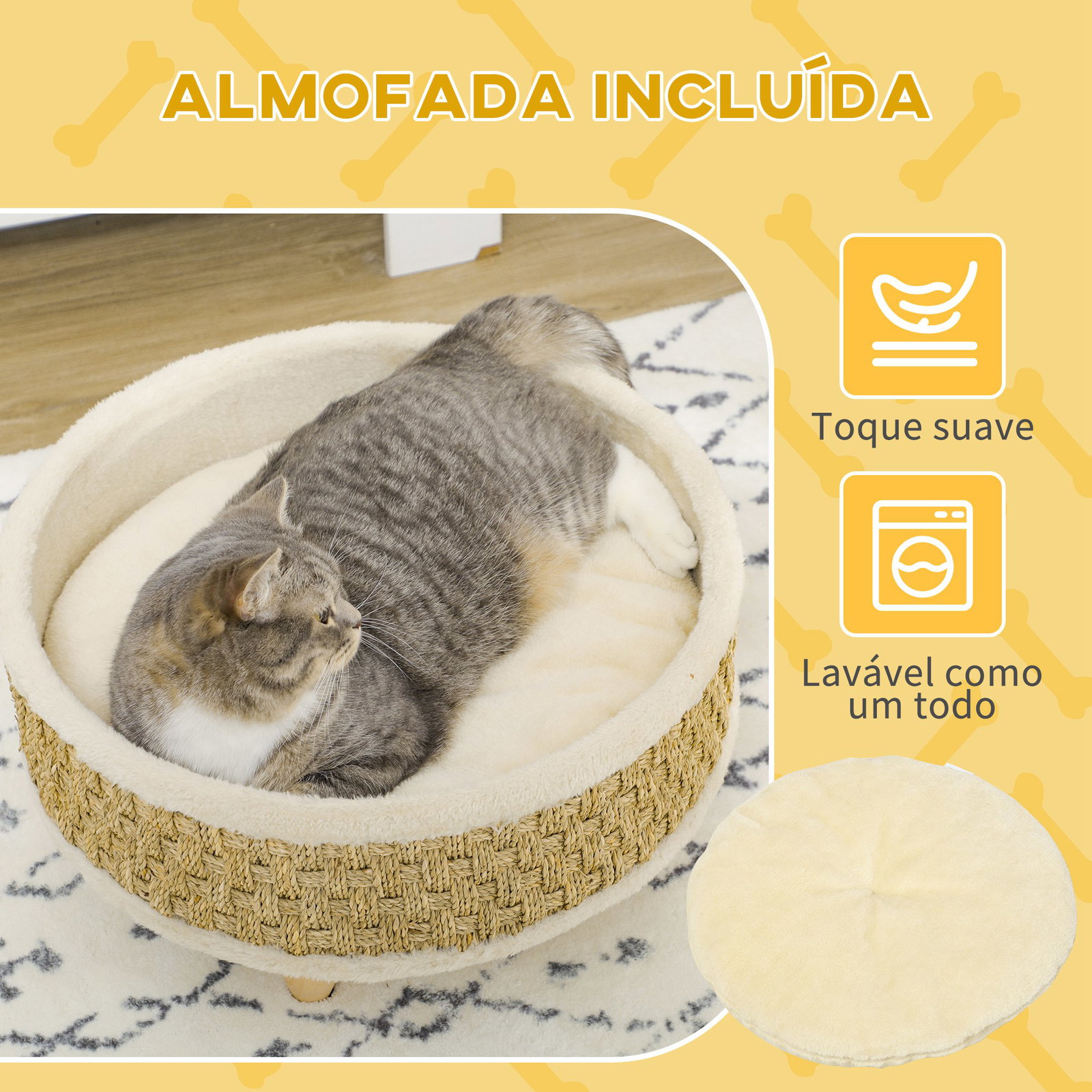 Cama elevada para gatos cama para cães miniatura com almofada lavável corda de seagrass estrutura de madeira ø48x24,5 cm bege