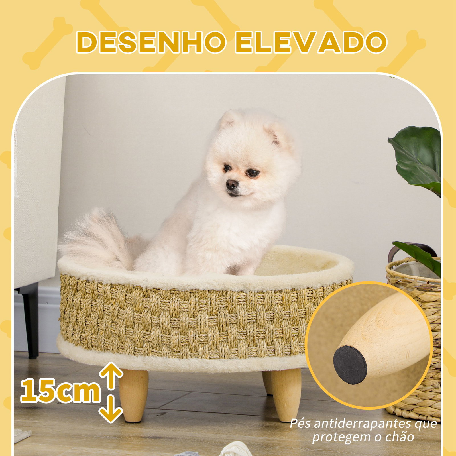 Cama elevada para gatos cama para cães miniatura com almofada lavável corda de seagrass estrutura de madeira ø48x24,5 cm bege