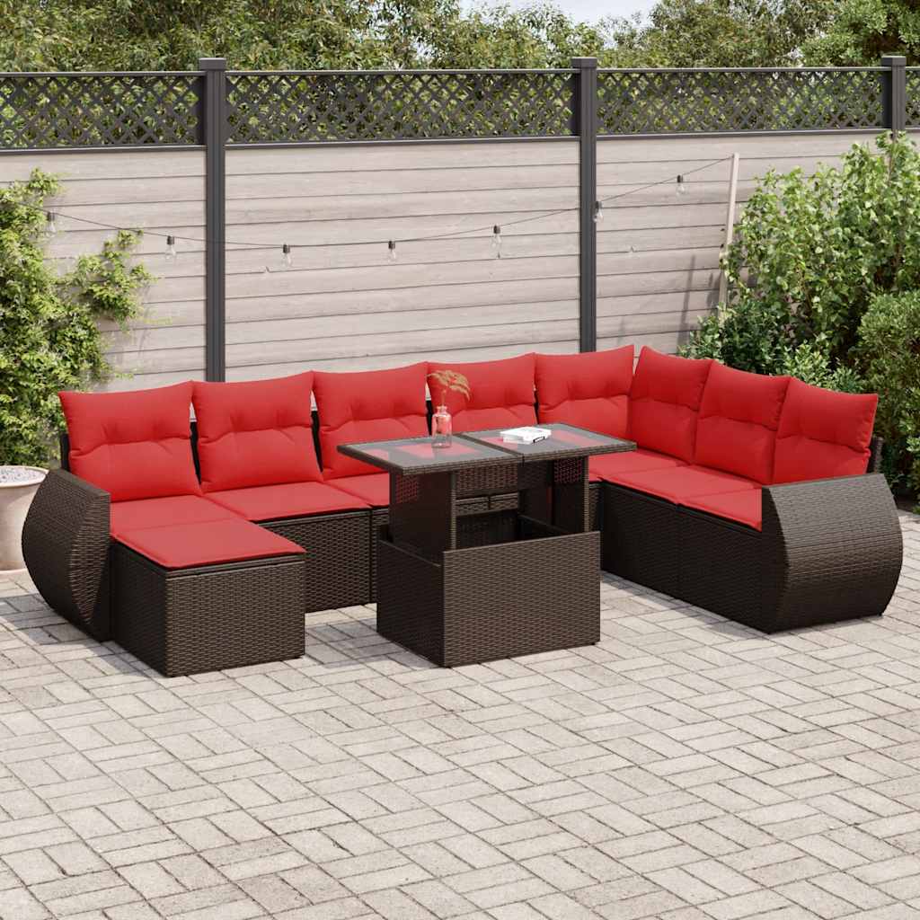 9 Pcs conj. sofás jardim c/ almofadões vime PE/acácia castanho