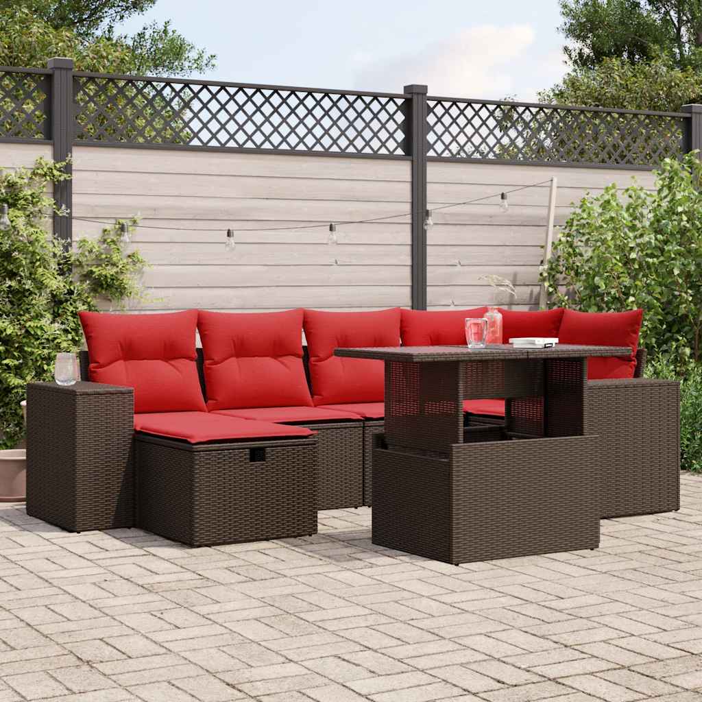 Conjunto de sofá de jardim com 7 peças e almofadas em rattan sintético marrom