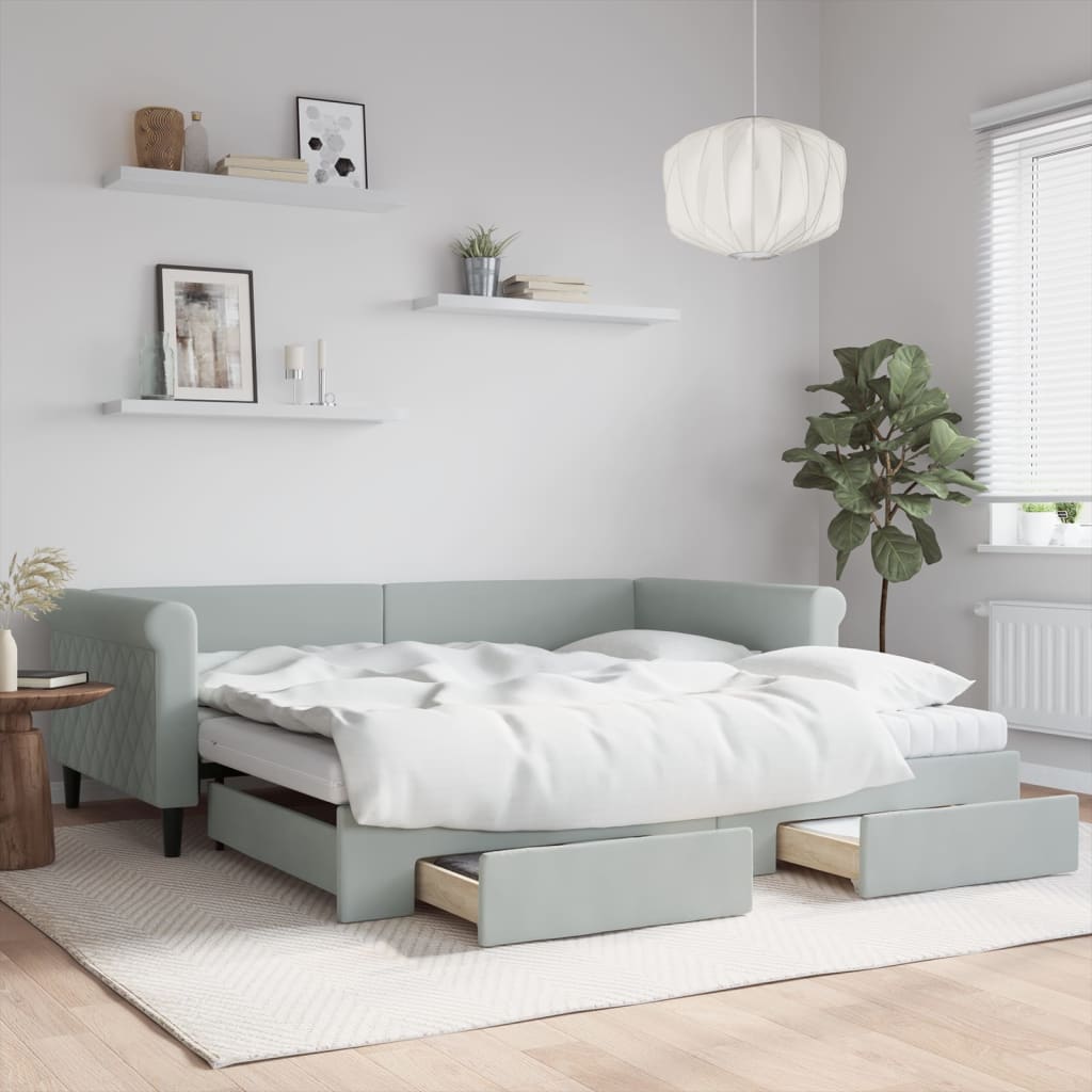 Sofá-cama c/ gavetão e gavetas 100x200 cm veludo cinzento-claro