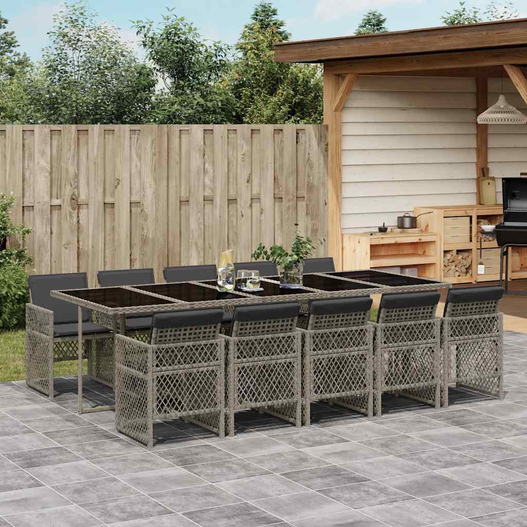 11 Pcs conjunto jantar p/ jardim c/ almofadões vime PE cinzento