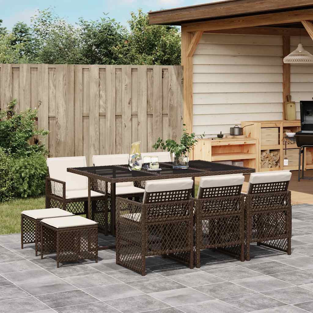 11 Pcs conjunto jantar p/ jardim c/ almofadões vime PE castanho