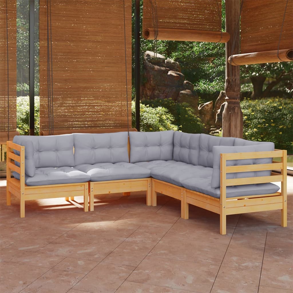 5 Pcs conjunto lounge de jardim + almofadões cinza pinho maciço