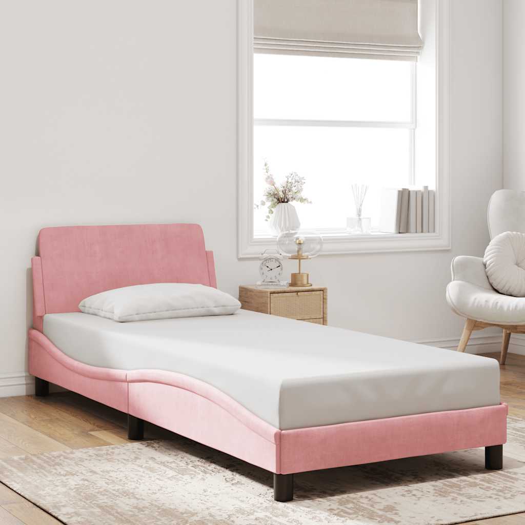 Estrutura de cama com cabeceira dover 90x190 cm veludo rosa