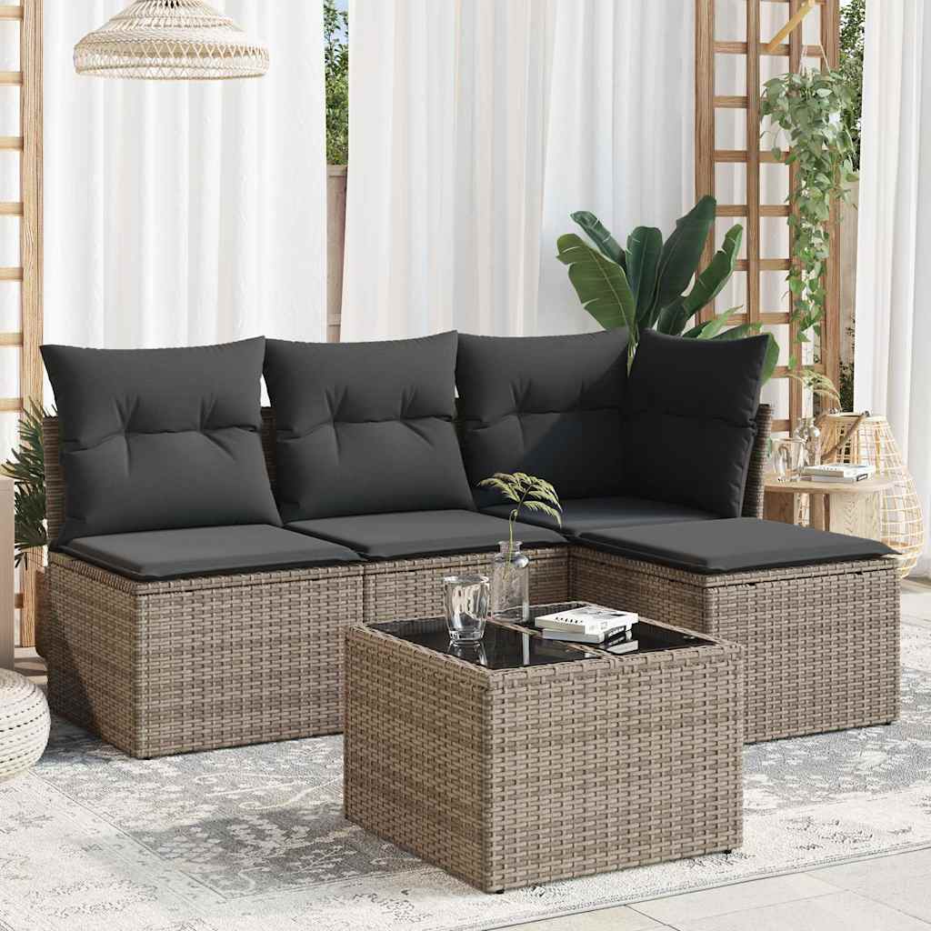 5 Pcs conjunto sofás de jardim c/ almofadões vime PE cinzento