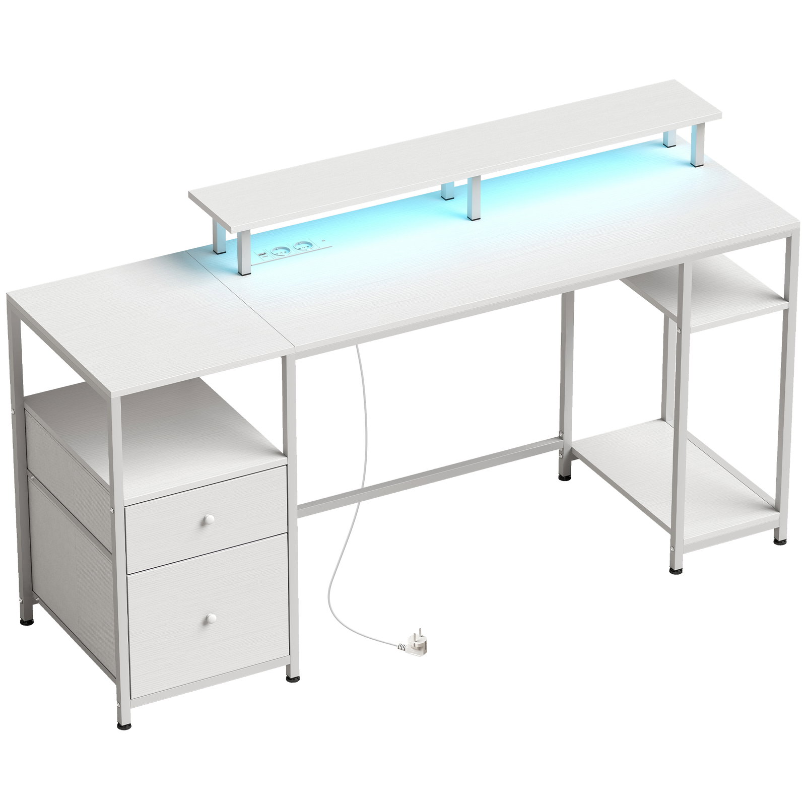 Secretária com luzes LED, gavetas, tomadas, portas USB e suporte para monitor, 155,5x48x88,5 cm, branco