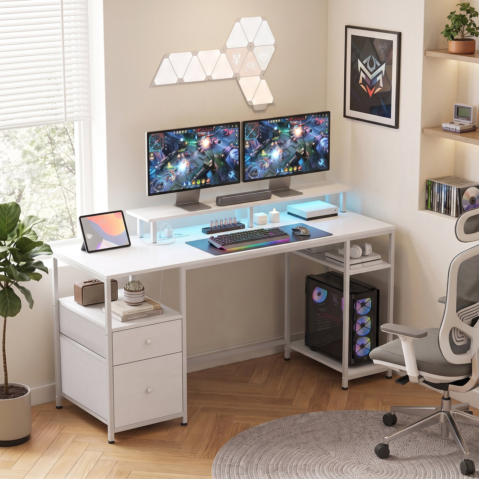 Secretária com luzes LED, gavetas, tomadas, portas USB e suporte para monitor, 155,5x48x88,5 cm, branco
