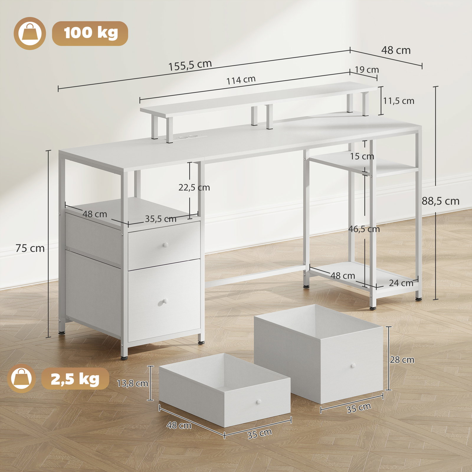 Secretária com luzes LED, gavetas, tomadas, portas USB e suporte para monitor, 155,5x48x88,5 cm, branco