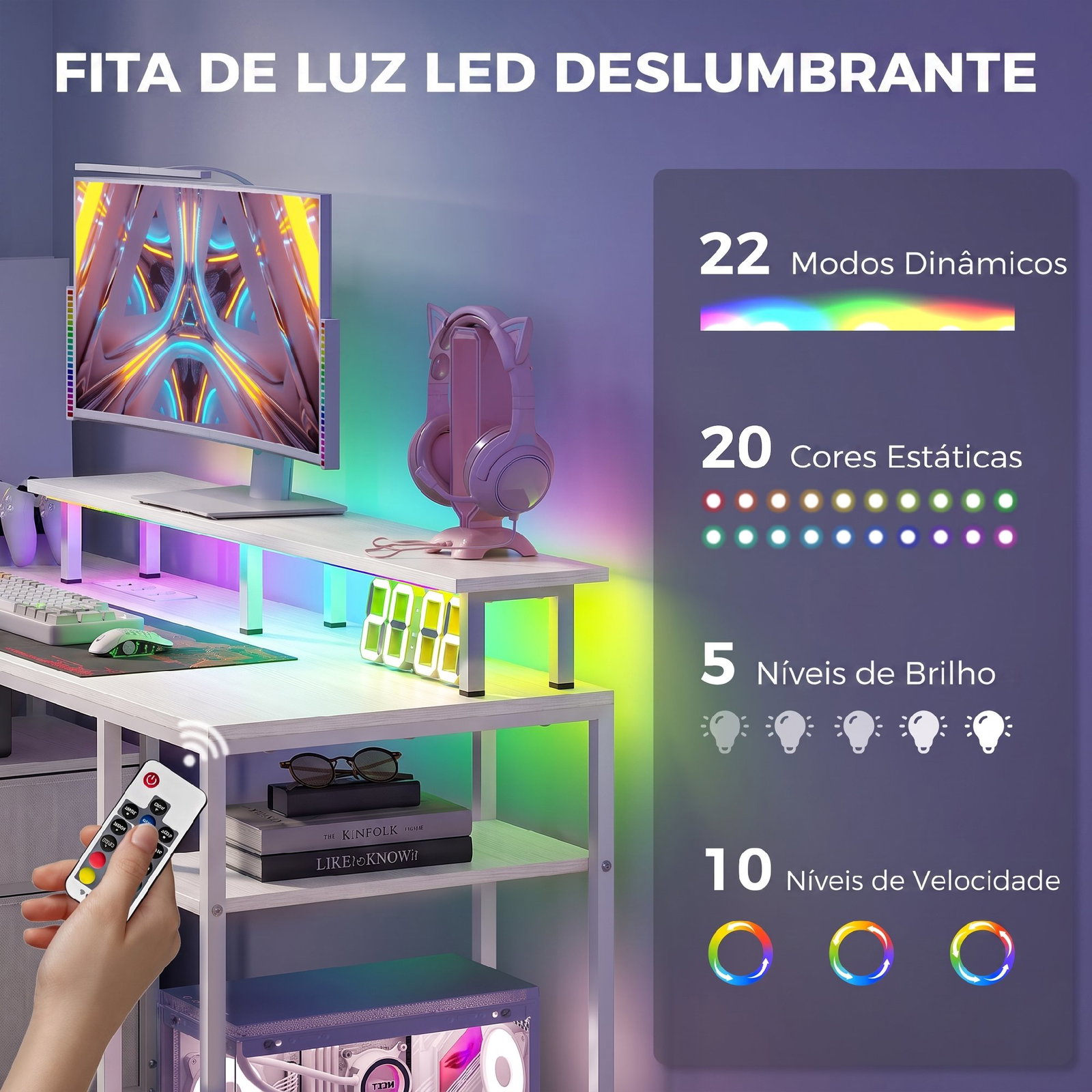 Secretária com luzes LED, gavetas, tomadas, portas USB e suporte para monitor, 155,5x48x88,5 cm, branco