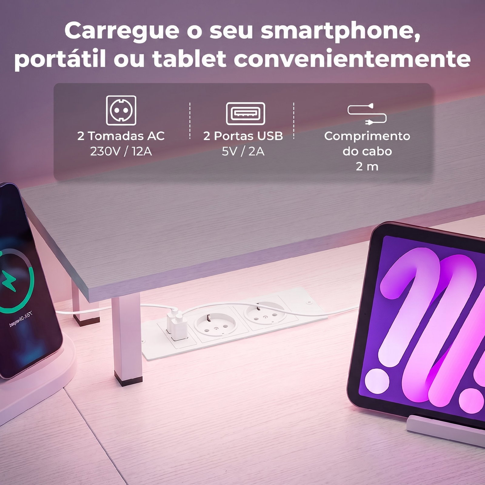 Secretária com luzes LED, gavetas, tomadas, portas USB e suporte para monitor, 155,5x48x88,5 cm, branco