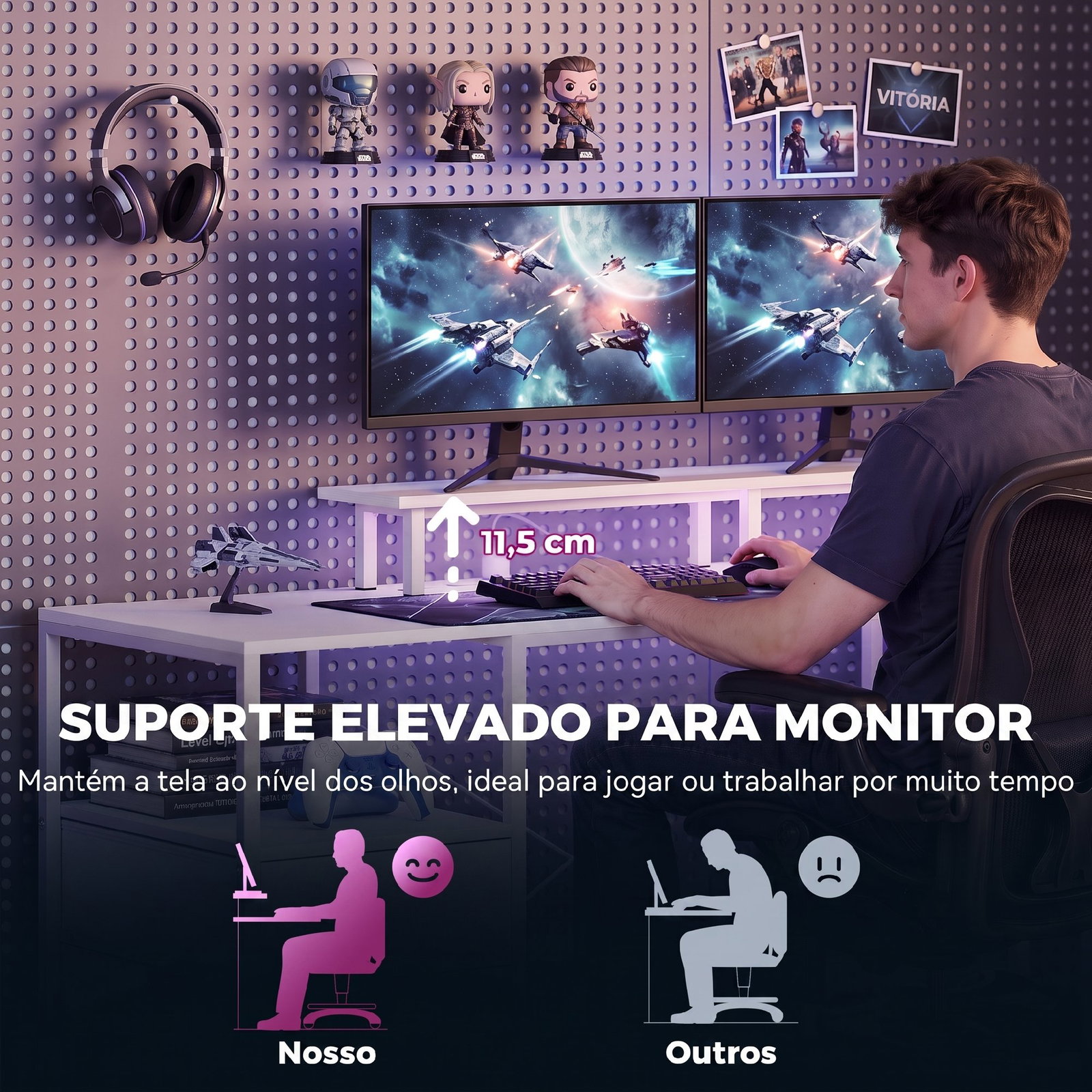 Secretária com luzes LED, gavetas, tomadas, portas USB e suporte para monitor, 155,5x48x88,5 cm, branco