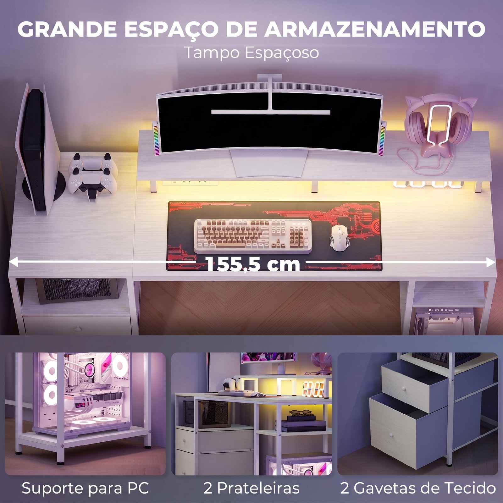 Secretária com luzes LED, gavetas, tomadas, portas USB e suporte para monitor, 155,5x48x88,5 cm, branco