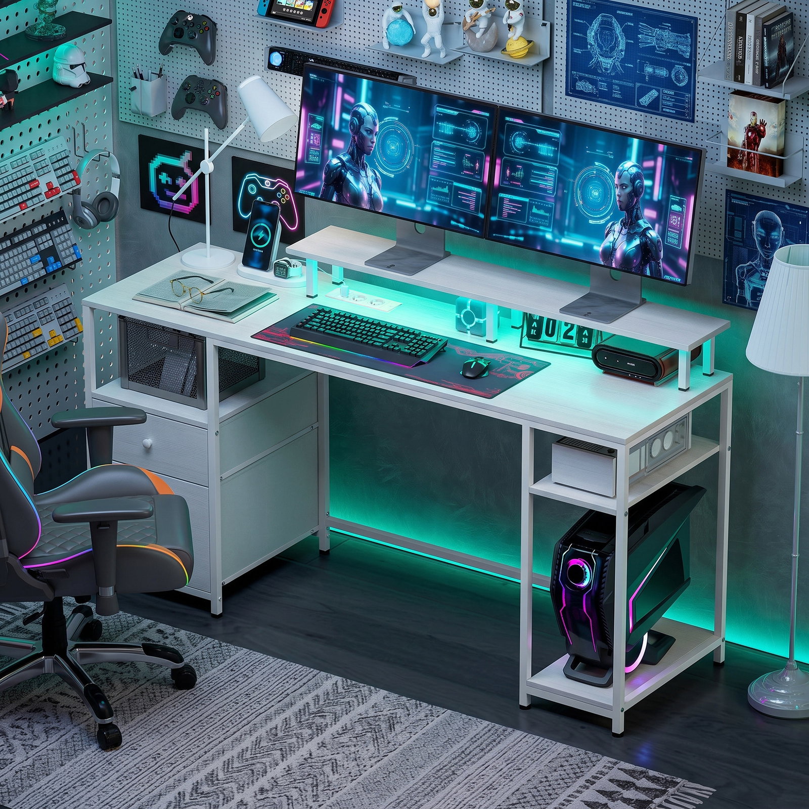 Secretária com luzes LED, gavetas, tomadas, portas USB e suporte para monitor, 155,5x48x88,5 cm, branco