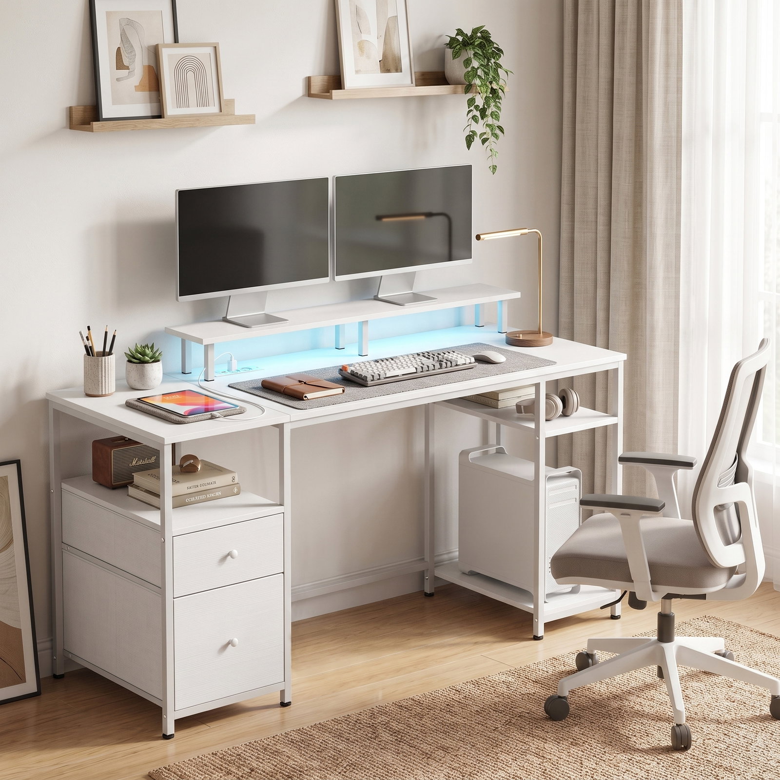 Secretária com luzes LED, gavetas, tomadas, portas USB e suporte para monitor, 155,5x48x88,5 cm, branco