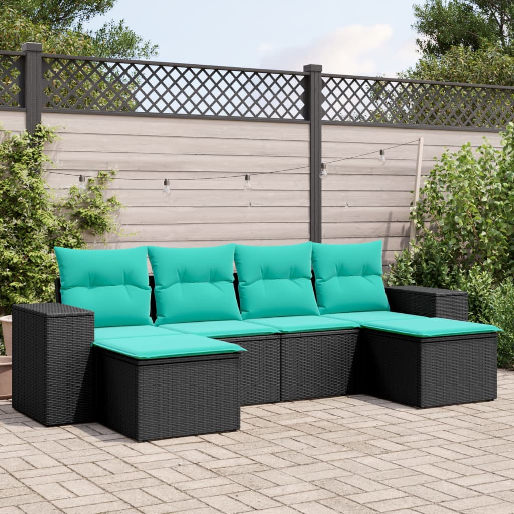 Conjunto de sofá de jardim com 6 peças e almofadas em rattan sintético preto