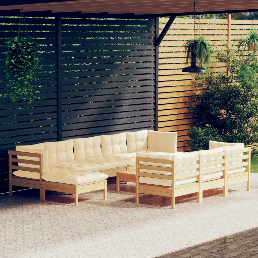 11 Pcs conjunto lounge jardim c/ almofadões creme pinho maciço