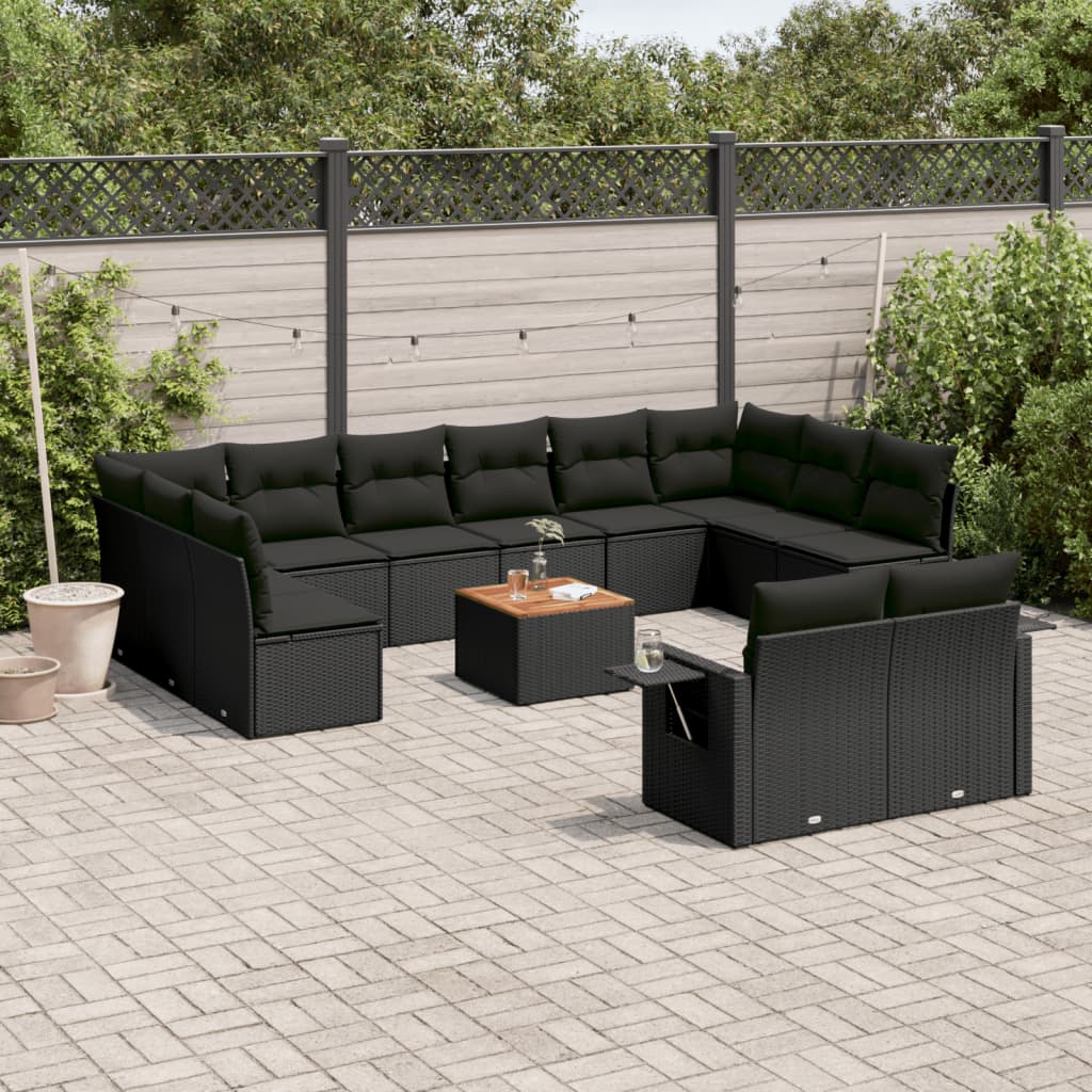 13 Pcs conjunto de sofás de jardim com almofadões vime PE preto