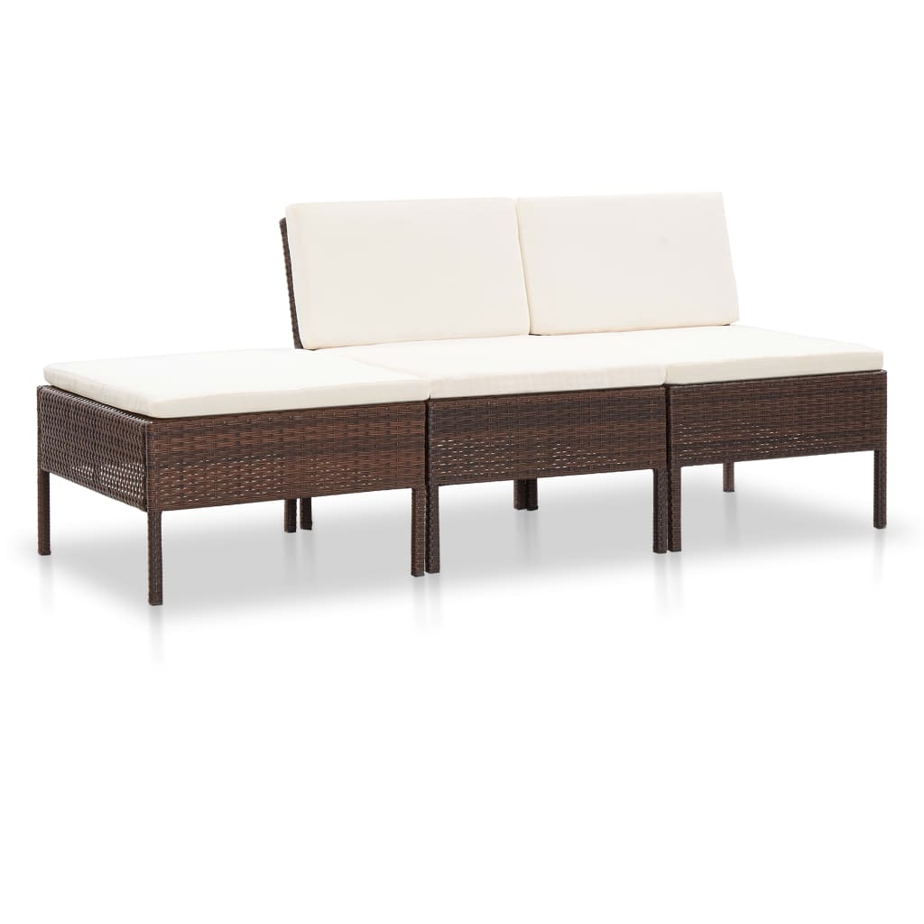 3 Pcs conjunto lounge jardim c/ almofadões vime PE castanho