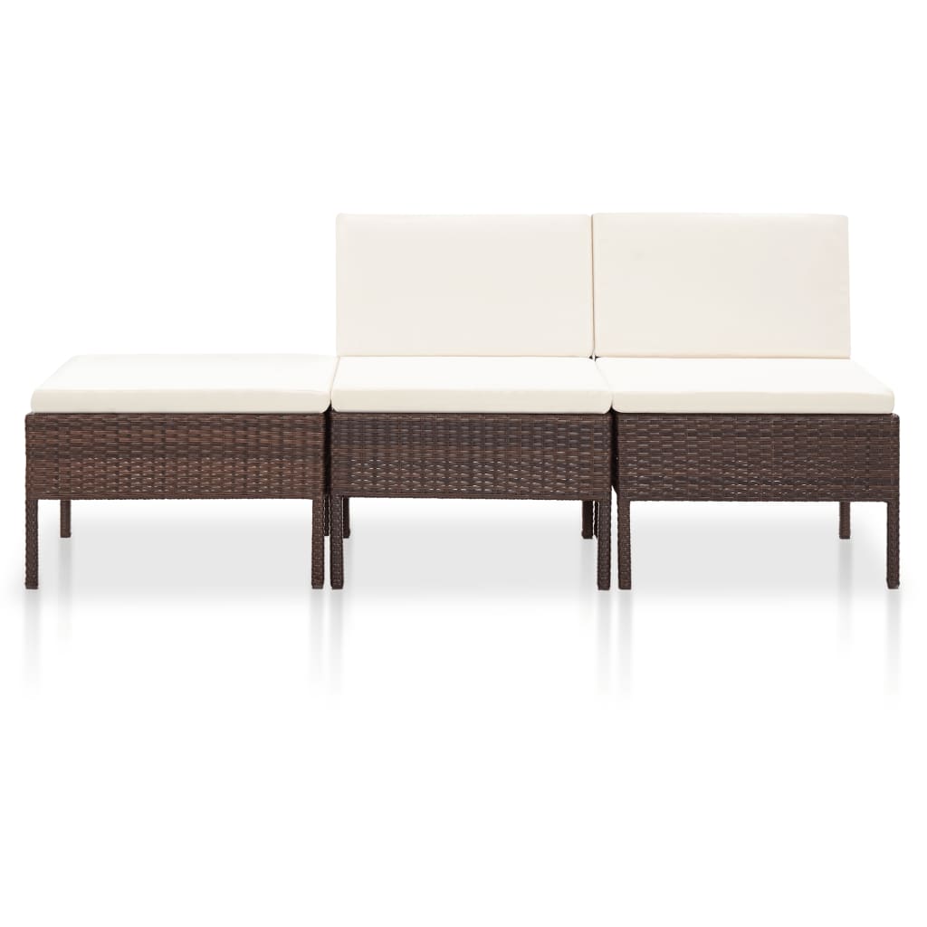 3 Pcs conjunto lounge jardim c/ almofadões vime PE castanho
