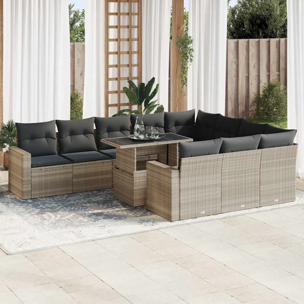 11 Pcs conjunto sofás de jardim c/ almofadões vime PE cinzento